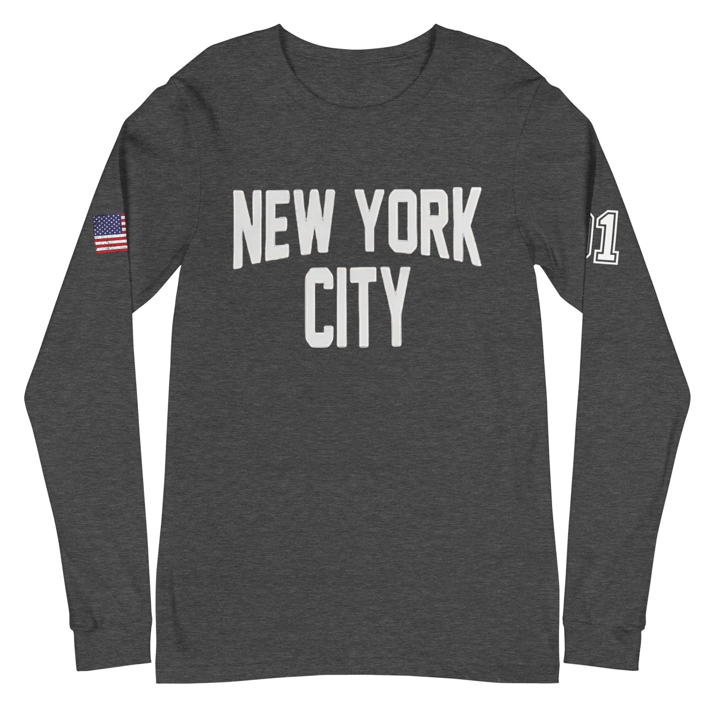 Gray long-sleeve shirt with 'New York City' text and American flag on a white background