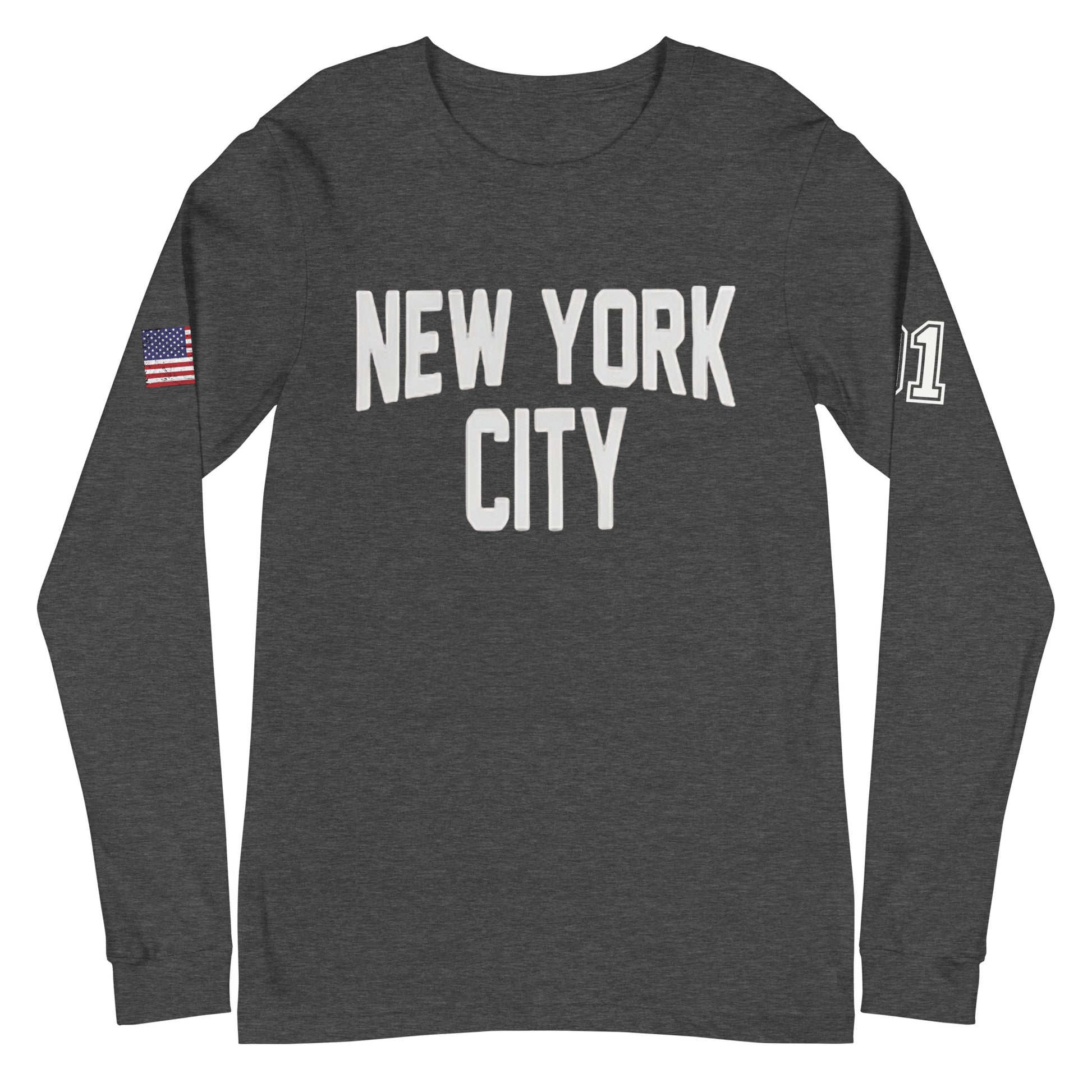 Gray long-sleeve shirt with 'New York City' text and American flag on a white background