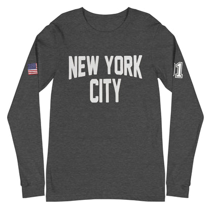 Gray long-sleeve shirt with 'New York City' text and American flag on a white background