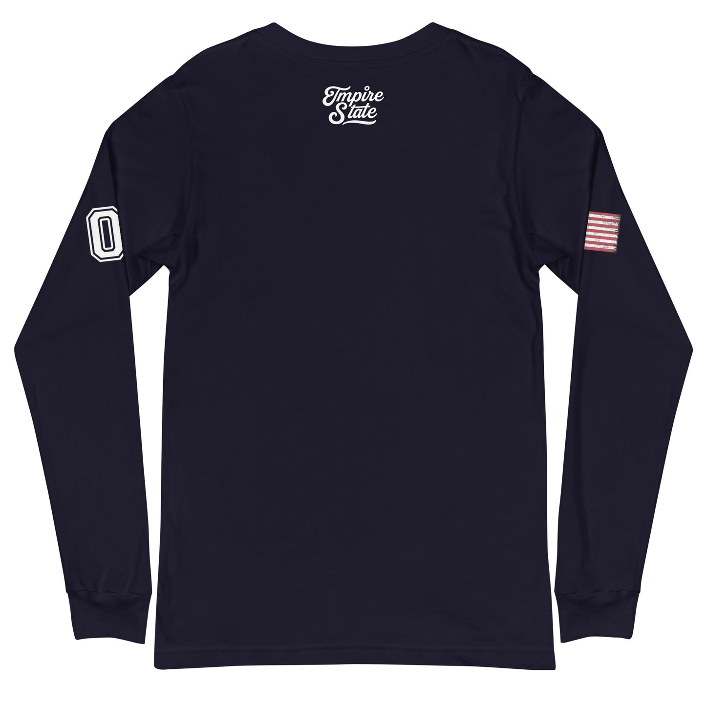 Black long-sleeve shirt with white text and small flag on sleeve, displayed on a white background.