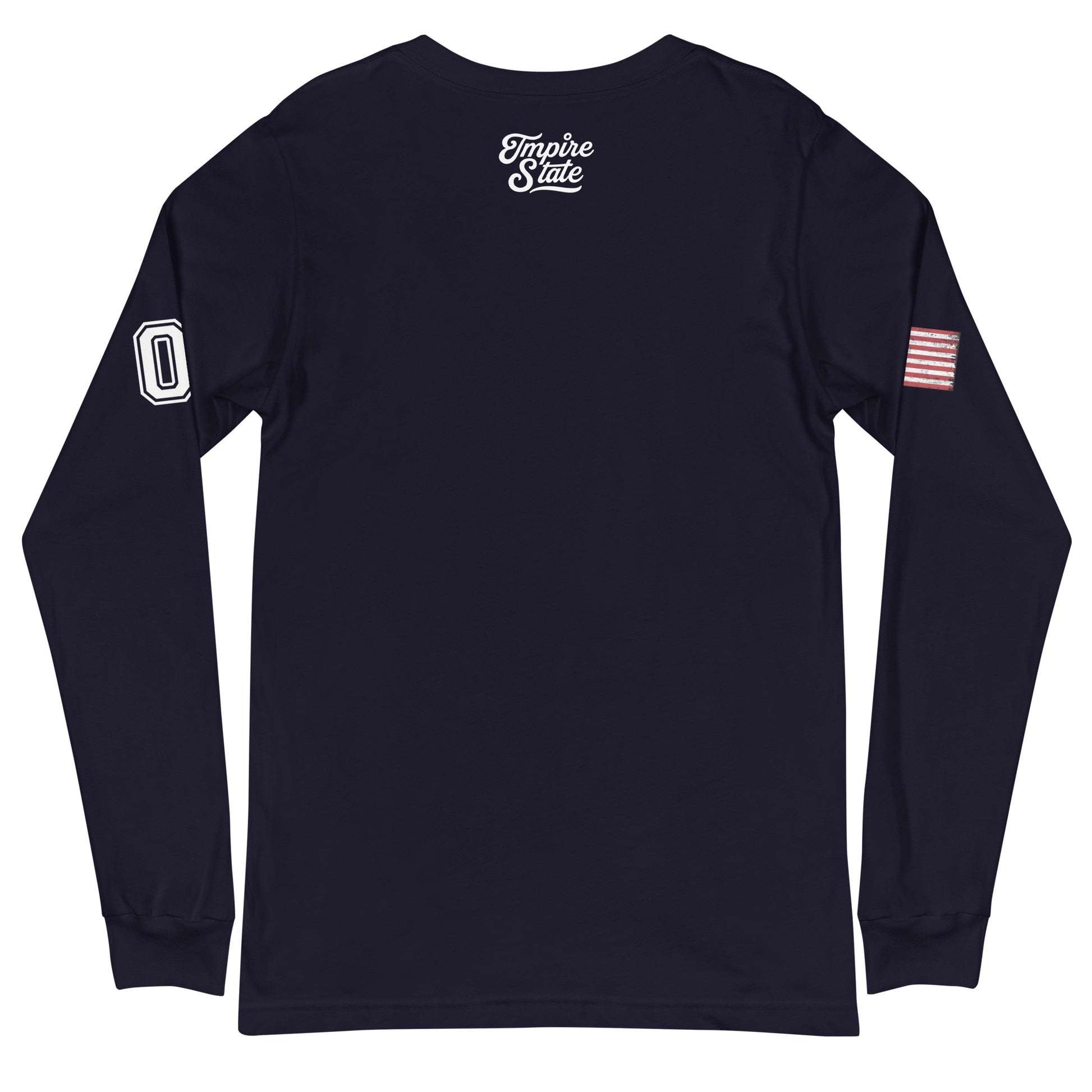 Black long-sleeve shirt with white text and small flag on sleeve, displayed on a white background.