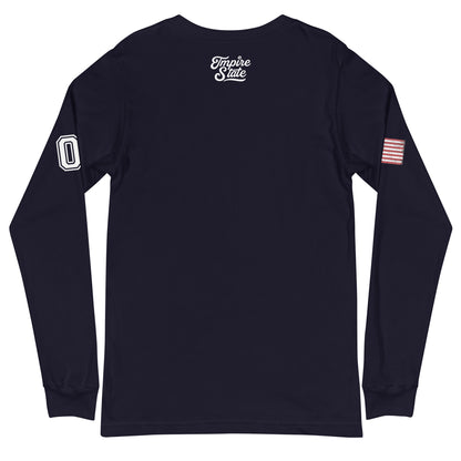 Black long-sleeve shirt with white text and small flag on sleeve, displayed on a white background.