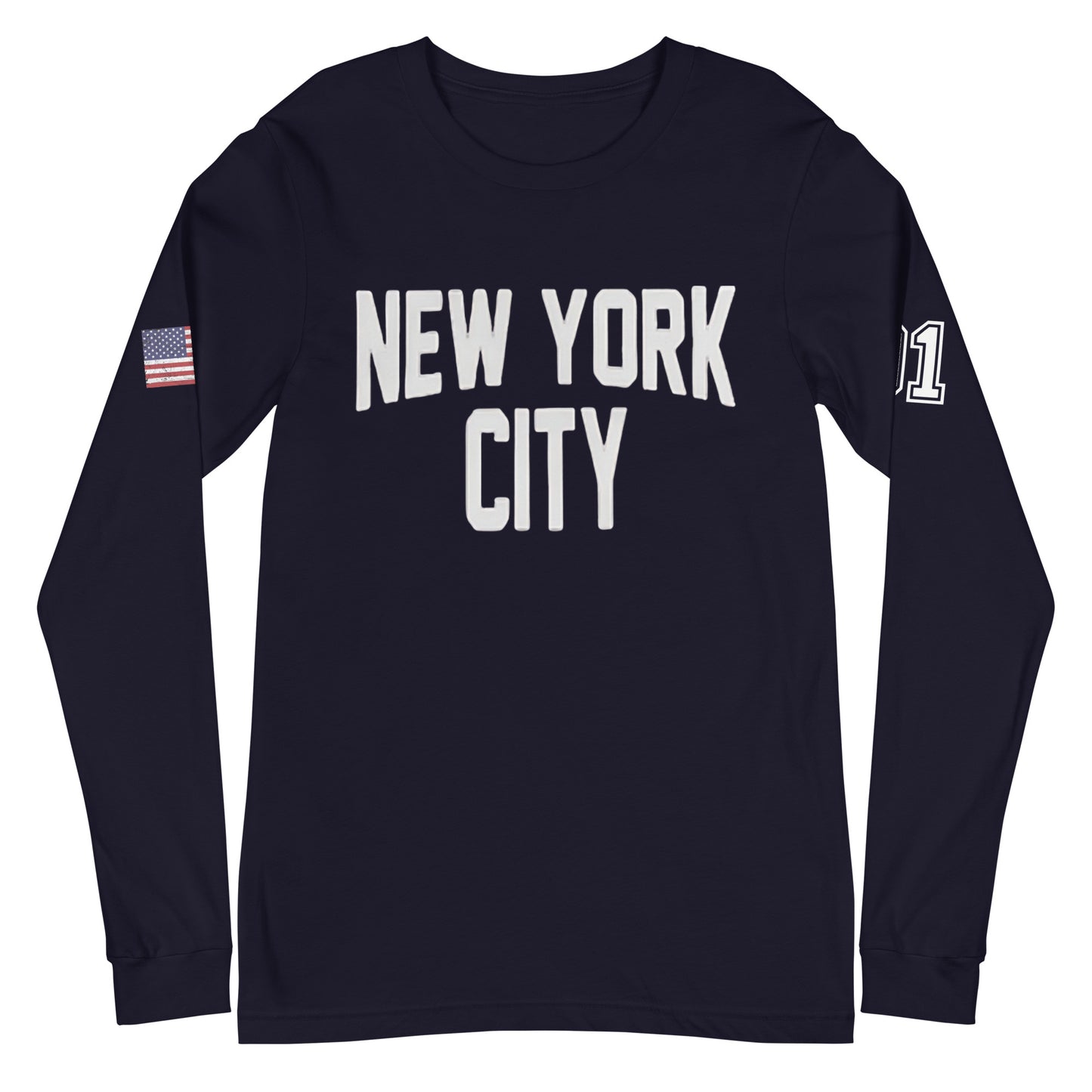 Navy long-sleeve shirt with 'New York City' text and American flag on a white background