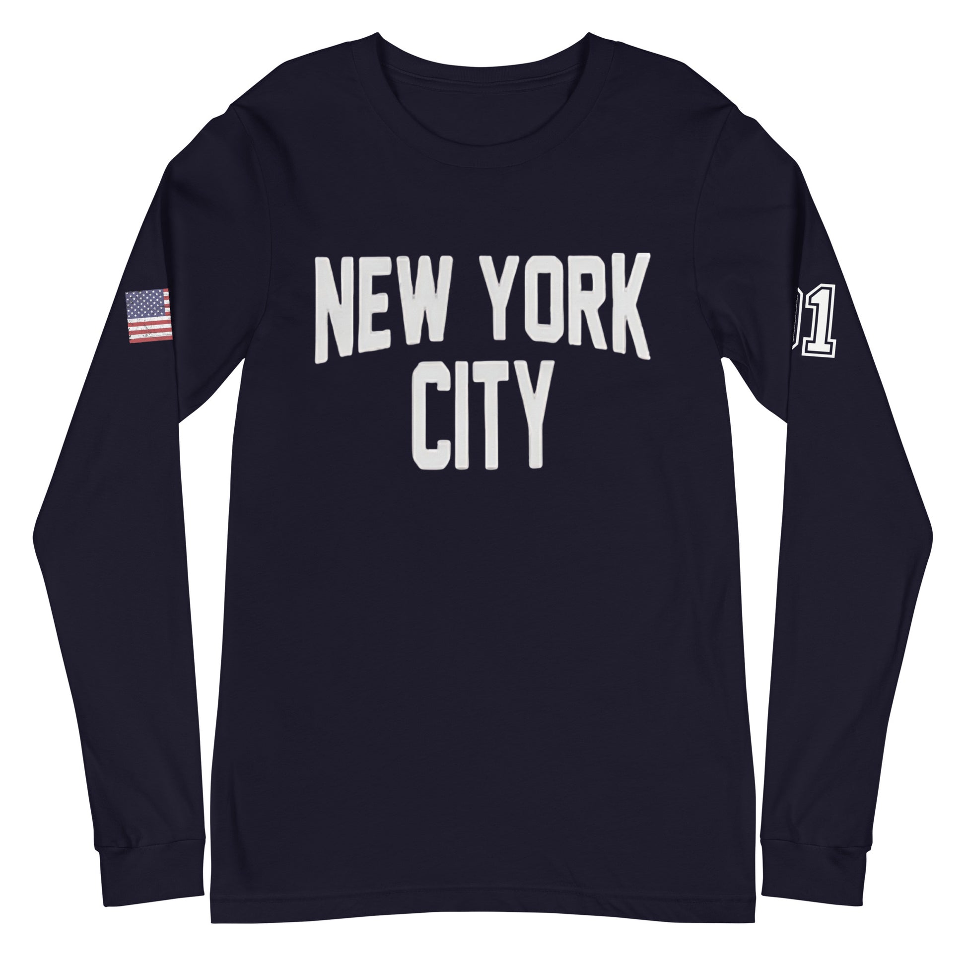 Navy long-sleeve shirt with 'New York City' text and American flag on a white background