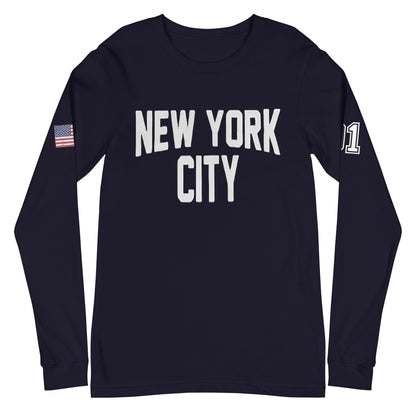 Navy long-sleeve shirt with 'New York City' text and American flag on a white background