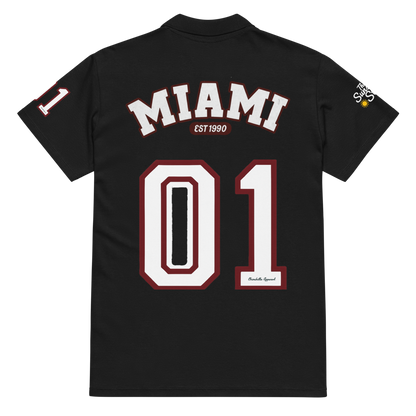 Black shirt with 'MIAMI EST 1990' and '01' printed on the back