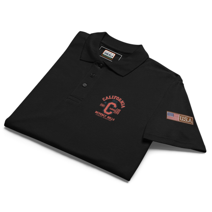 Black polo shirt with 'California' and 'USA' text on a white background