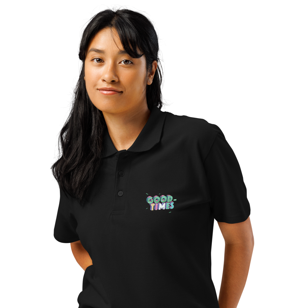 Person wearing a black polo shirt with 'Good Times' text on a white background