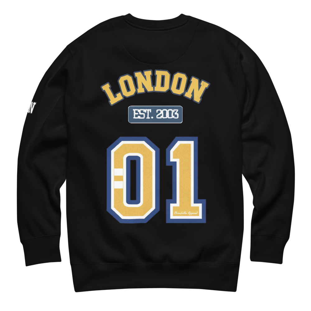 Black sweatshirt with 'London Est. 2003' text and design on a white background