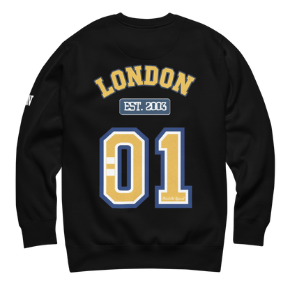 Black sweatshirt with 'London Est. 2003' text and design on a white background