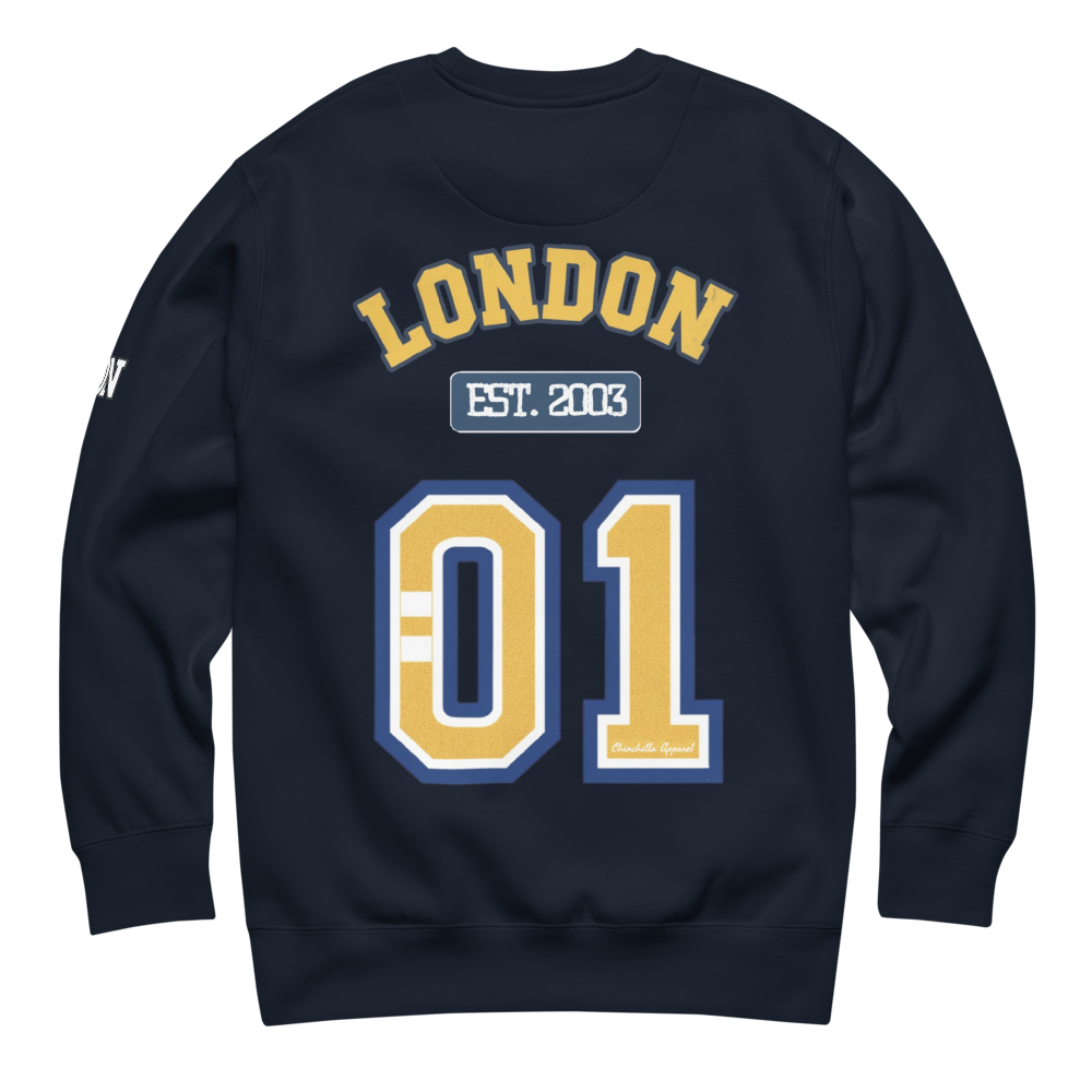 Navy blue sweatshirt with 'London Est. 2003' printed in yellow and white on a white background