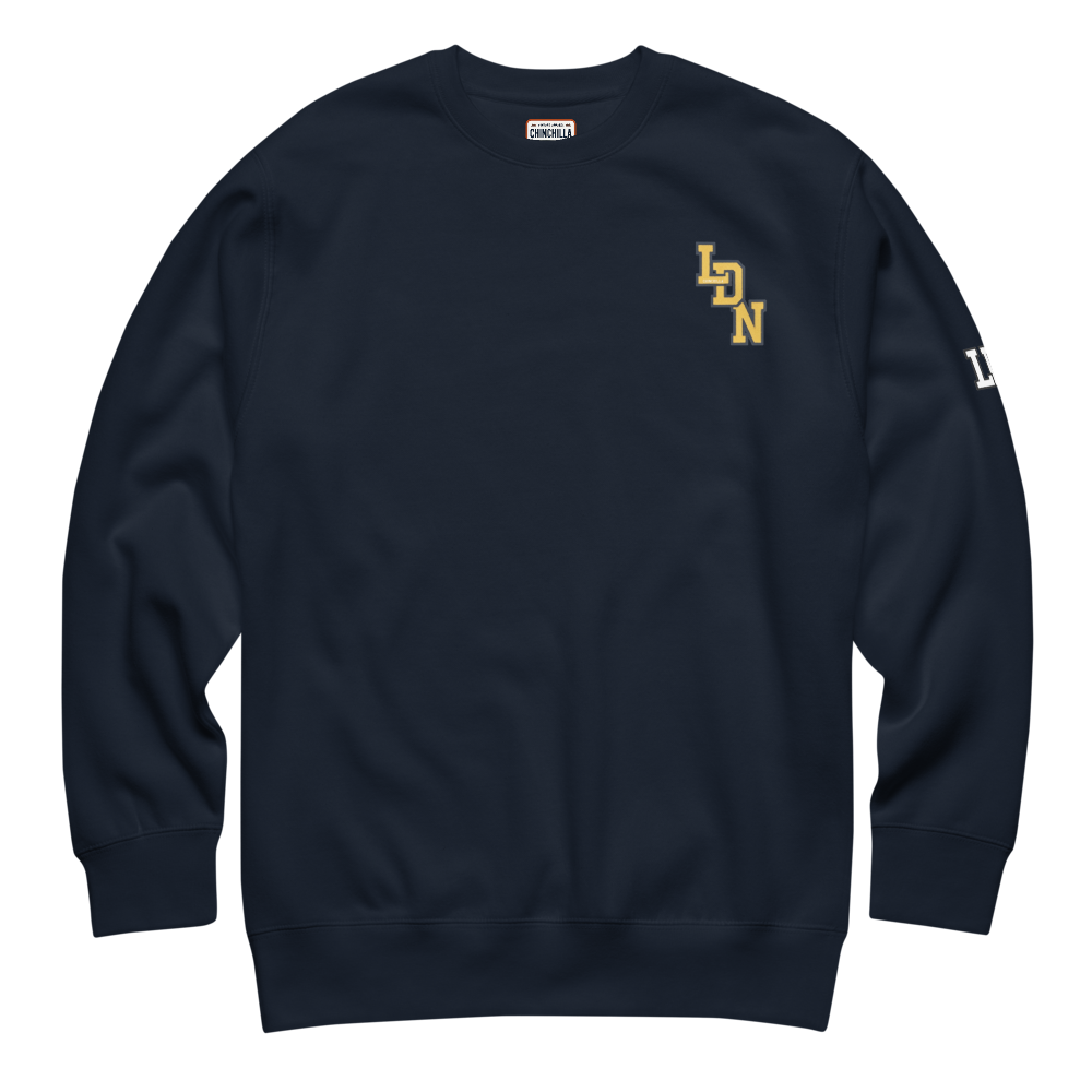 Navy blue sweatshirt with yellow logo on a white background