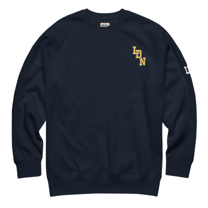 Navy blue sweatshirt with yellow logo on a white background