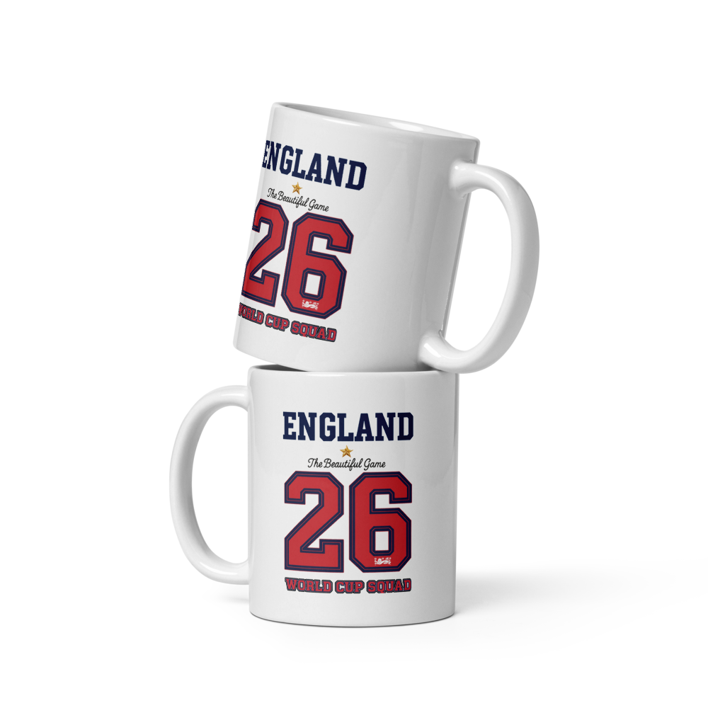 Two white mugs with 'England' and number '26' printed on them, stacked on a white background.