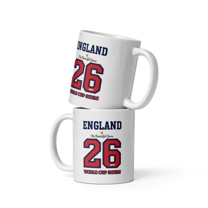 Two white mugs with 'England' and number '26' printed on them, stacked on a white background.
