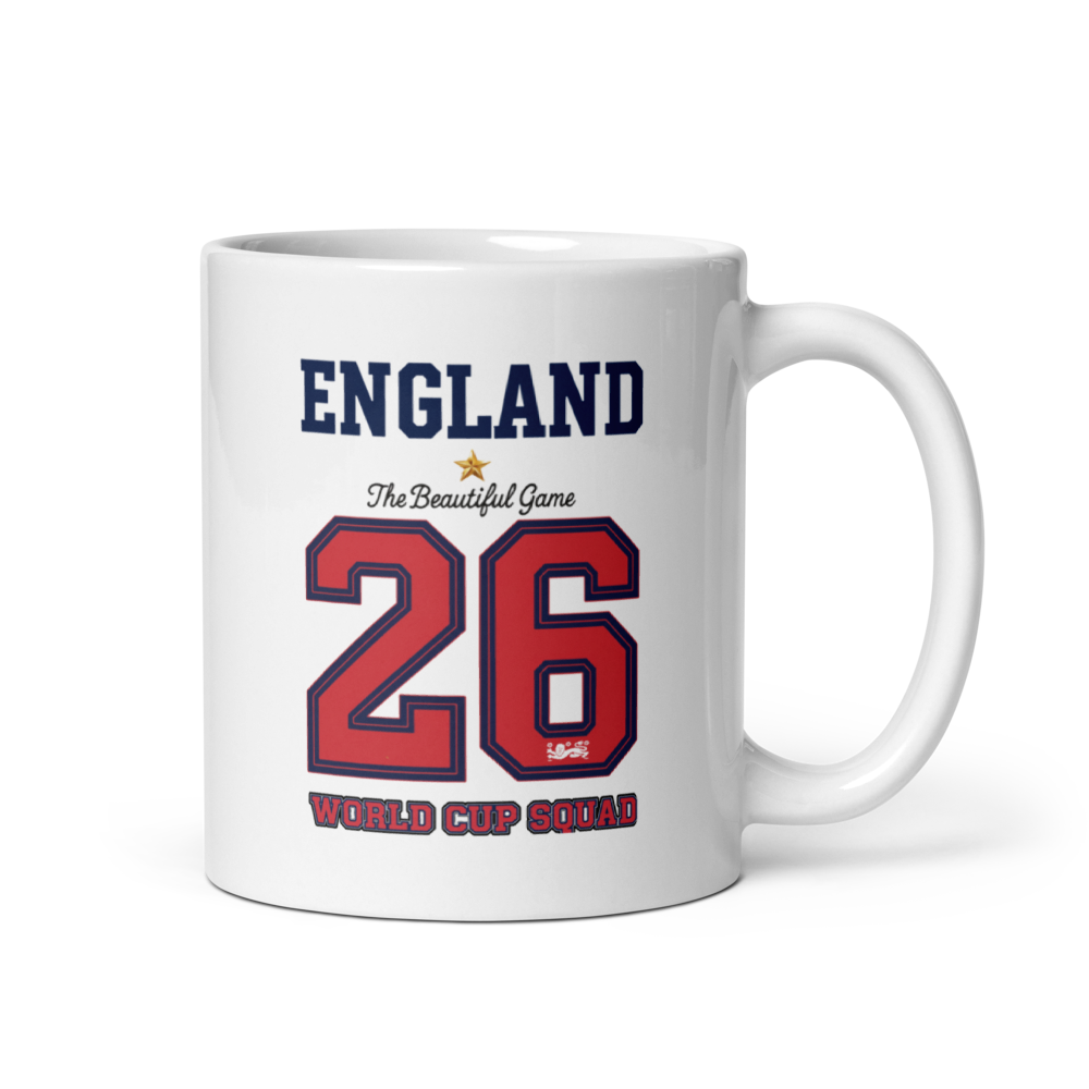 White mug with 'England' and number '26' printed on a white background