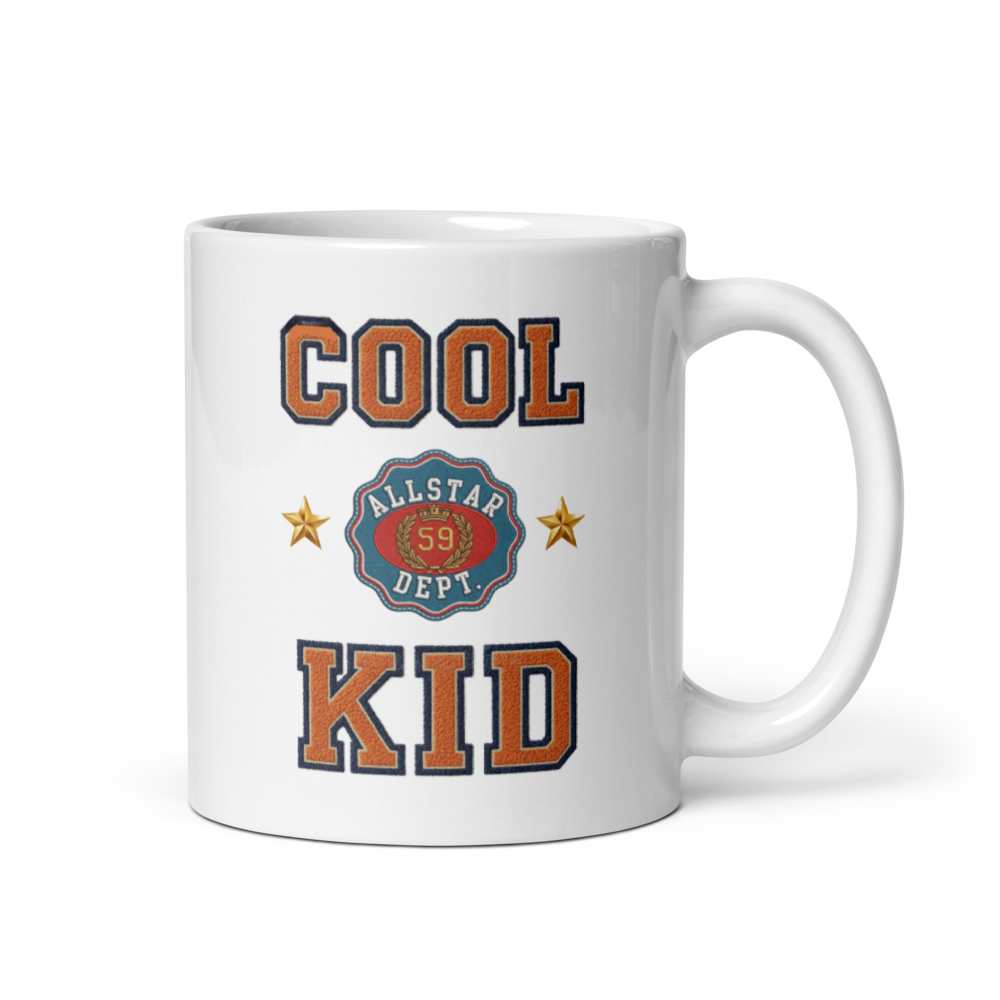 White mug with 'Cool Allstar Kid' text and design on a white background