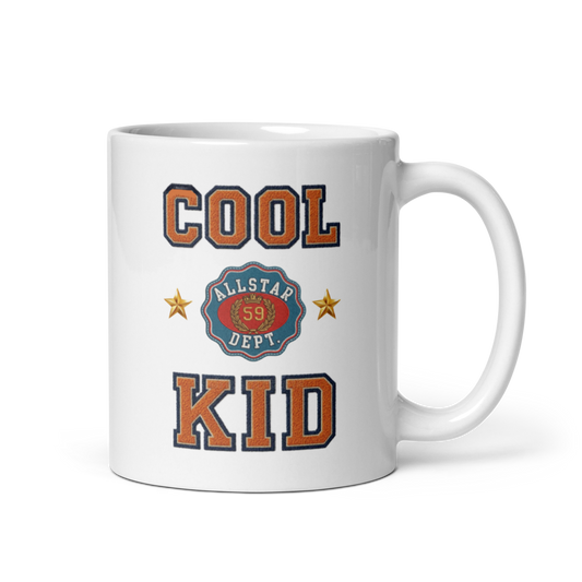 White mug with 'Cool Allstar Kid' text and design on a white background
