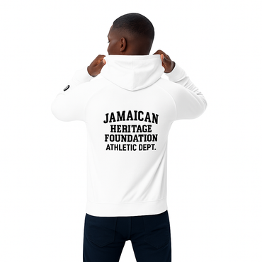 Person wearing a white hoodie with 'Jamaican Heritage Foundation Athletic Dept.' text on the back.