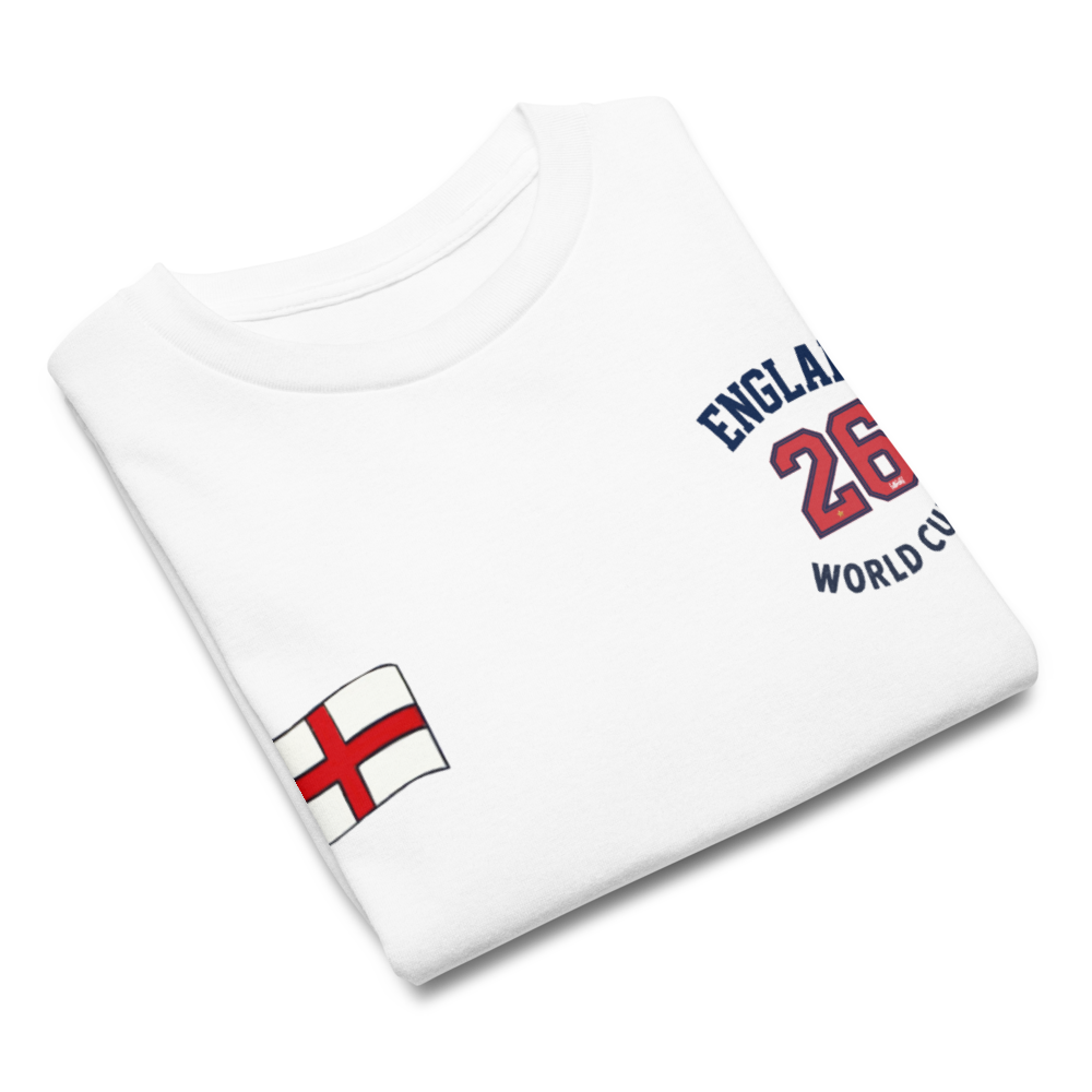 White t-shirt with England flag and number 26 on a white background